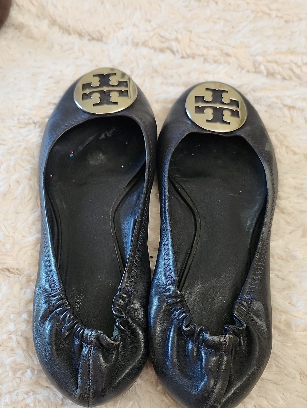 Tory Burch Black Leather Logo Ballet Flats